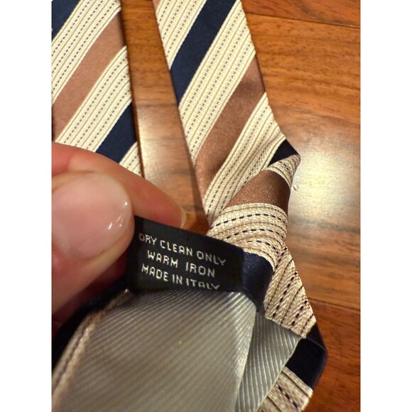 Ermenegildo Zegna Slant Stripe Silk Tie Cream, Brown, Black Dotted 3.5”W x 58"L - Picture 7 of 9
